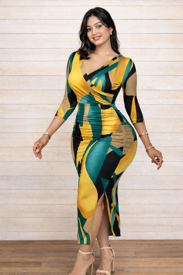 Women’s Abstract Print Wrap Bodycon Midi Dress