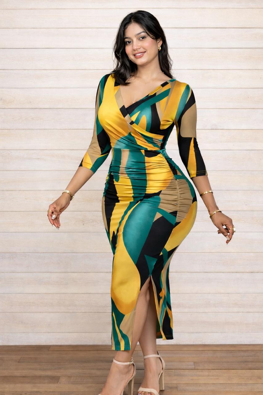 Women’s Abstract Print Wrap Bodycon Midi Dress