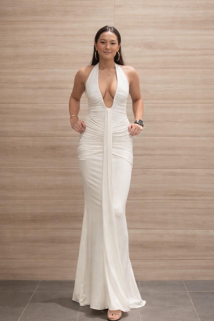 Ivory Elegance Halter Neck Ruched Maxi Dress