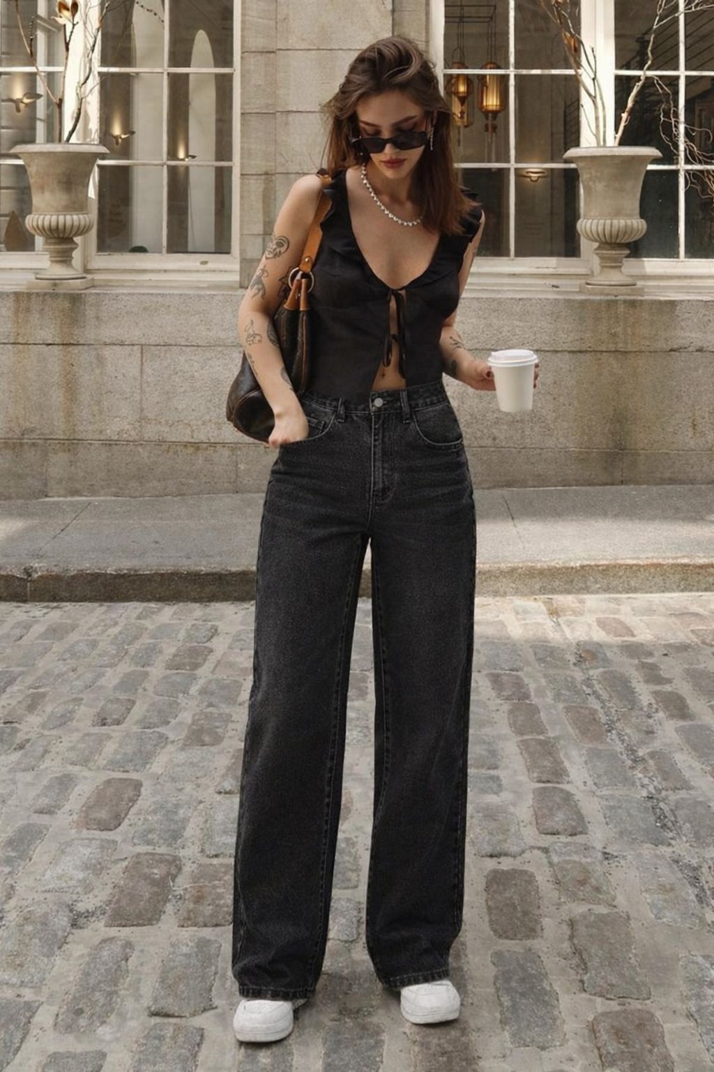 High-Waist Wide Leg Black Denim Jeans