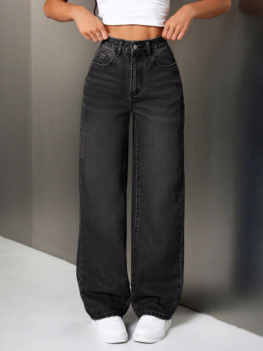 High-Waist Wide Leg Black Denim Jeans