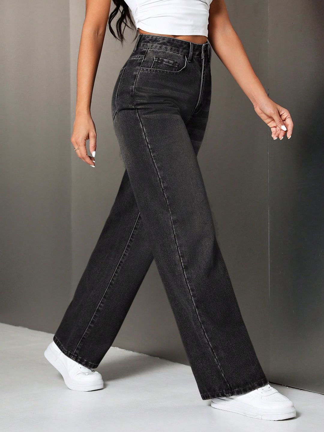 High-Waist Wide Leg Black Denim Jeans