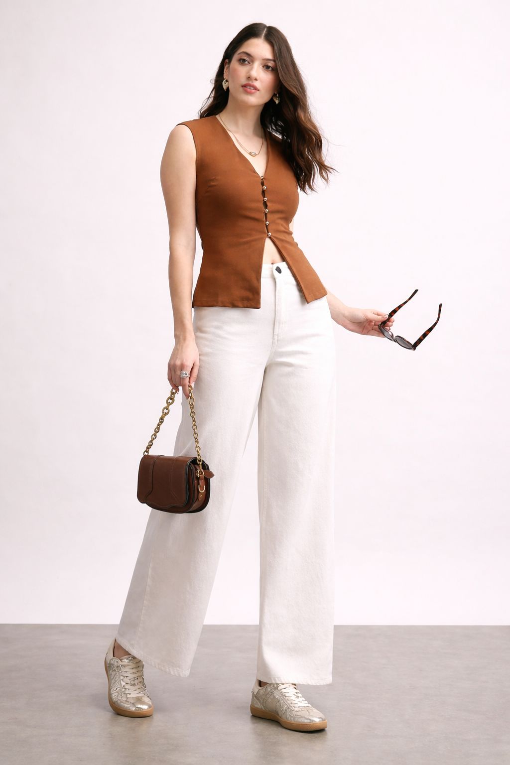 Chic Rust Button-Front Sleeveless Top