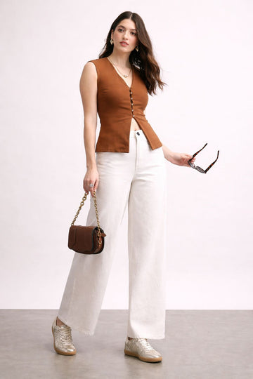 Chic Rust Button-Front Sleeveless Top