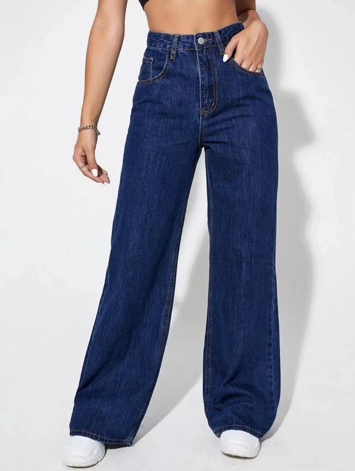 High-Waist Classic Wide-Leg Blue Denim Jeans