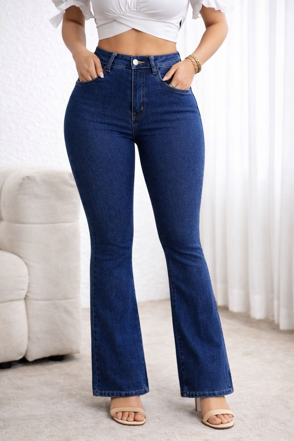 High-Waist Dark Blue Flared Denim Jeans
